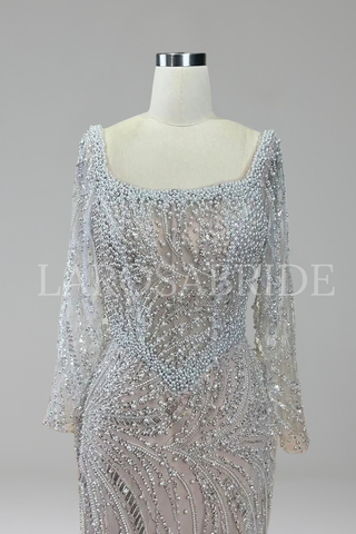 White Nude Beaded Mermaid Gown - LAROSABRIDE