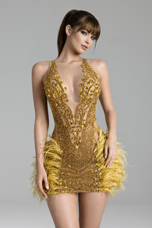 Beaded Mesh Feather Mini Dress-Larosabride