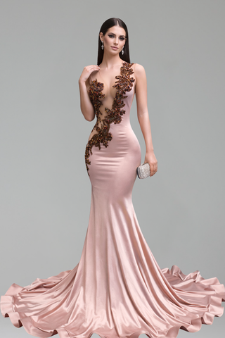 Sheer Appliqu� Mermaid Satin Gown - LAROSABRIDE