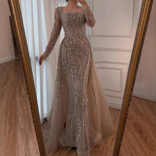 2025 Arabic Caramel Beaded Mermaid Evening Gown with Overskirt – Luxury Formal Dress for Women