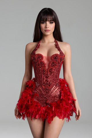 Beaded Halter Feather Mini Dress-Larosabride