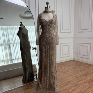 Ships in 2 to 5 Days - 2025 Caramel Beaded Mermaid Evening Gown – Long Sleeve Formal Dress for Weddings & Parties