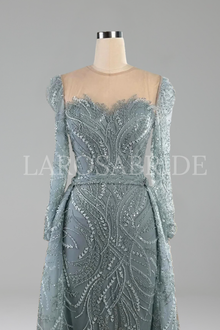 Sage Green Beaded Long Sleeve Gown with Overskirt - LAROSABRIDE