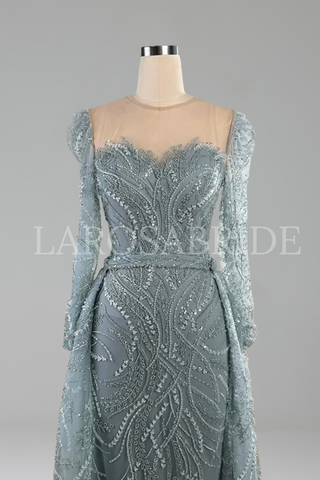 Sage Green Beaded Long Sleeve Gown with Overskirt - LAROSABRIDE