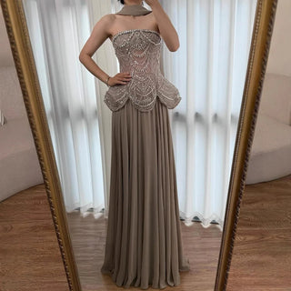 Ships in 2 to 5 Days -Luxury Designer Nude Beaded Chiffon Evening Gown for Women – Elegant Dress for Weddings & Formal Parties