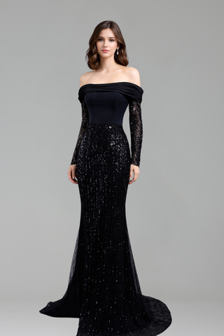 Off-Shoulder Beaded Dress 8 / Black Off-Shoulder Beaded Dress 8 / Black
