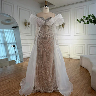Ships in 2 to 5 Days - Luxury White Nude Beaded Mermaid Evening Dress – Saudi-Inspired Formal Gown with Overskirt