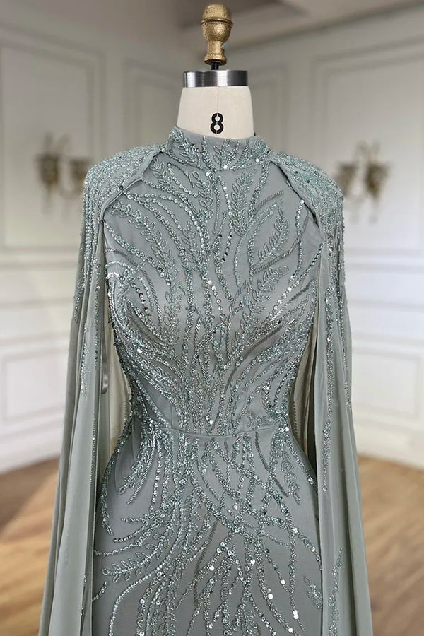 2025 muslim Sage Green Mermaid Cape Sleeves Beaded Satin Luxury Evening Dresses Gowns for Women Party LA72413