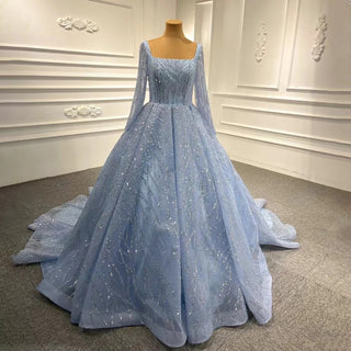 2025 Blue Luxury High-End Wedding Dress - Beaded Sleeveless Lace-Up Bridal Gown