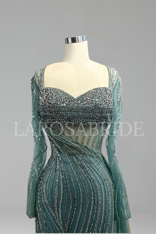 Sheer Beaded Fitted Gown