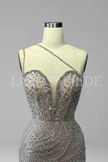 Nude Beaded One-Shoulder Gown - LAROSABRIDE
