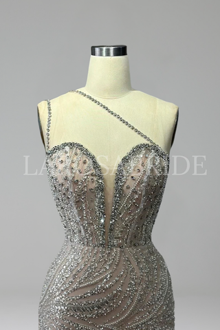 Nude Beaded One-Shoulder Gown - LAROSABRIDE