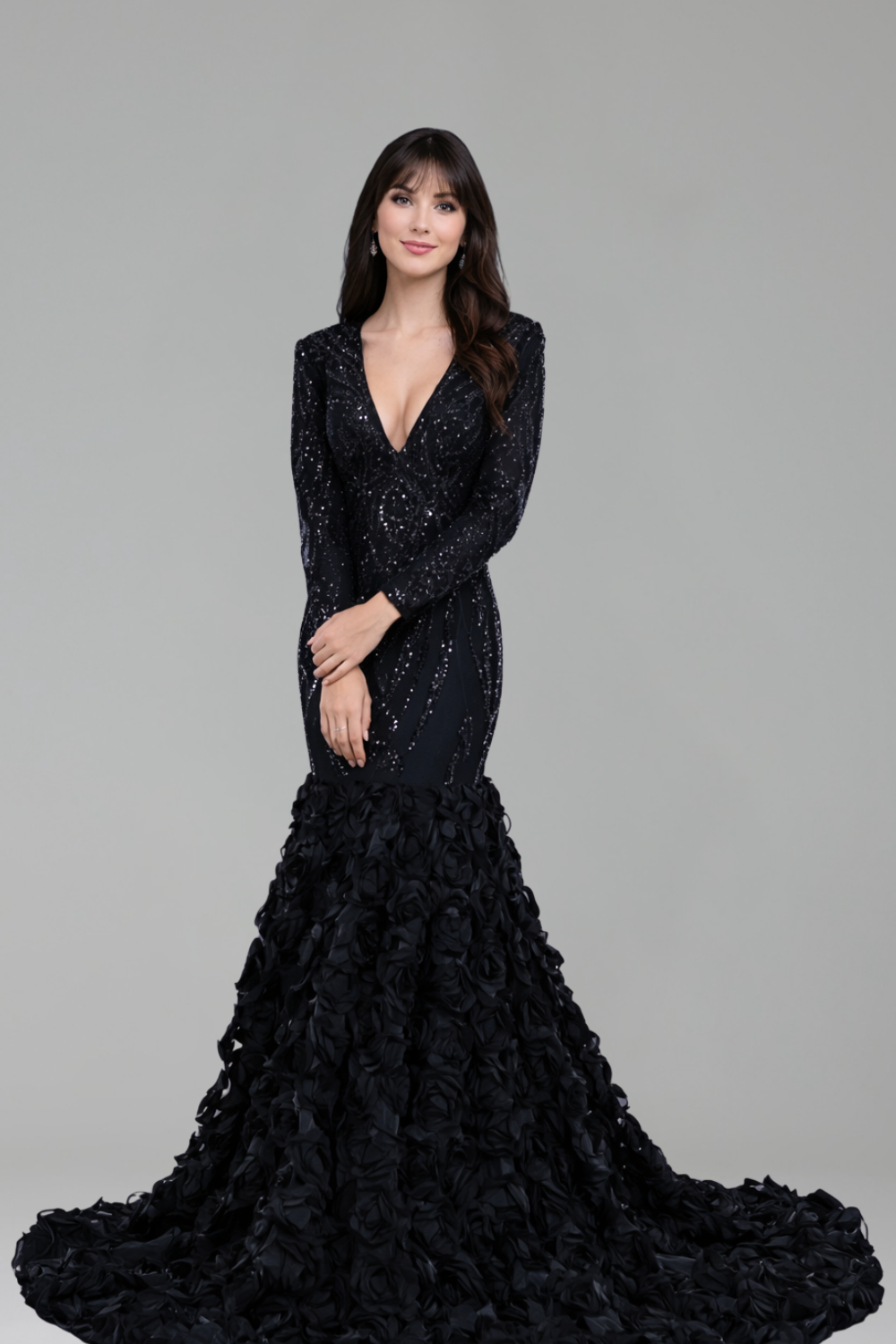 Deep V Long Sleeve Mermaid Dress - LAROSABRIDE