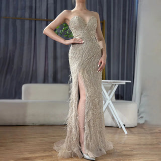 Ships in 2 to 5 Days - 2025 Arabic Strapless Blue Beaded Feathers Luxury Dubai Evening Gowns with Side Skirt for Women's Party