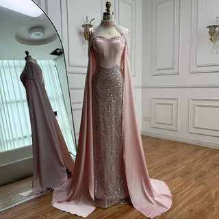 Luxury Arabic Pearl Beaded Mermaid Evening Dress with Cape