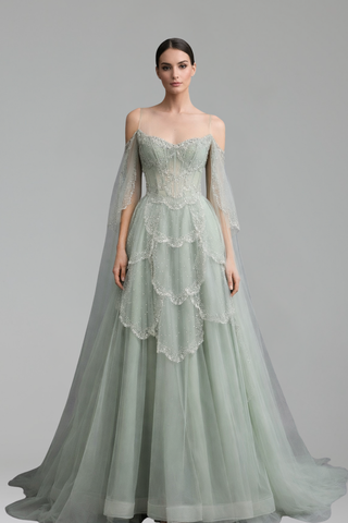 Off-Shoulder Beaded Cape A-Line Dress