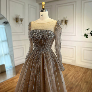 Ships in 2 to 5 Days -Luxury Caramel Sparkly A-Line Evening Dress – Long Sleeve Ball Gown for Prom & Parties