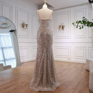 2025 Custom Nude Beaded Mermaid Evening Dress – Pearl Embellished Gown with Spaghetti Straps