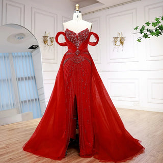 Ships in 2 to 5 Days - Luxury Red Beaded Mermaid Evening Dress – Gown with Overskirt and Thigh-High Slit