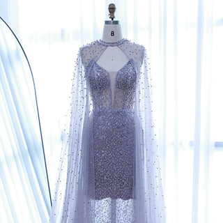 Ships in 2 to 5 Days - Luxury Purple Beaded Sequin Mermaid Evening Gown with Cape – Elegant Formal Dress