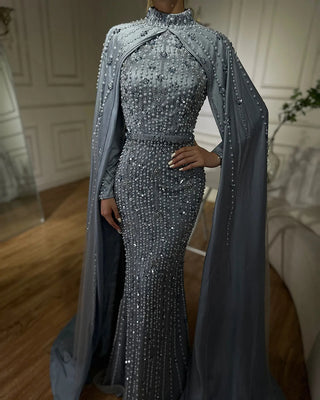 Ships in 2 to 5 Days - 2025 Luxury Dubai Blue Muslim Mermaid Beaded Evening Gown with Cape Sleeves for Women's Party