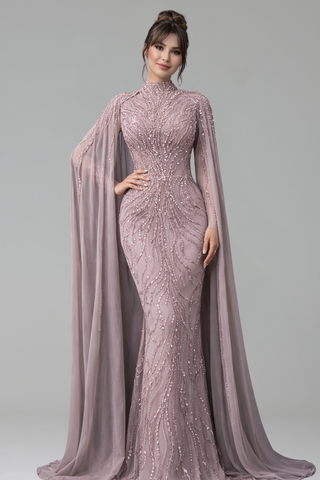 Beaded Satin Mermaid Cape Gown - LAROSABRIDE