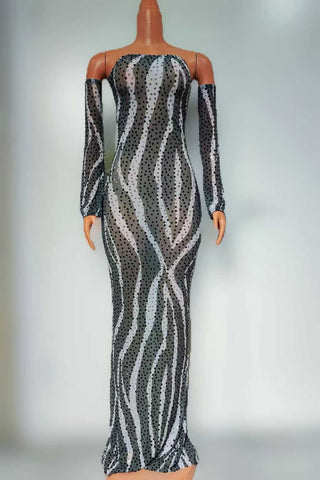 Zebra Sequin Mesh Bodycon Dress – Off-Shoulder Long Sleeve Maxi Gown