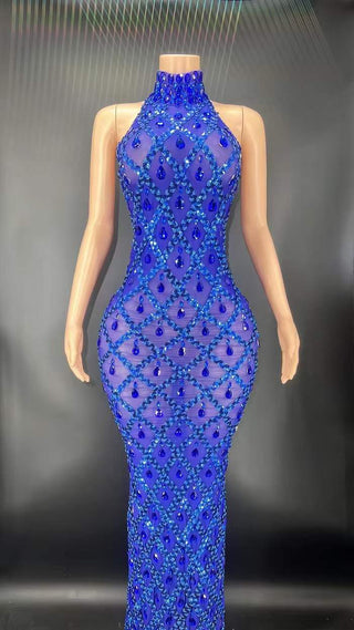 Ships in 2 to 5 Days - Silver Mirage Crystal Mesh Gown with High Neck