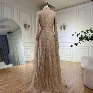 Ships in 2 to 5 Days - 2025 Muslim Nude Mermaid Cape Sleeves Luxury Dubai Evening Gown Pearls Beaded Dress for Women's Party
