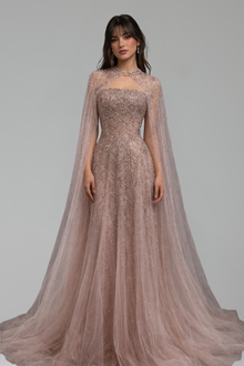 Beaded Mesh Cape Gown - LAROSABRIDE