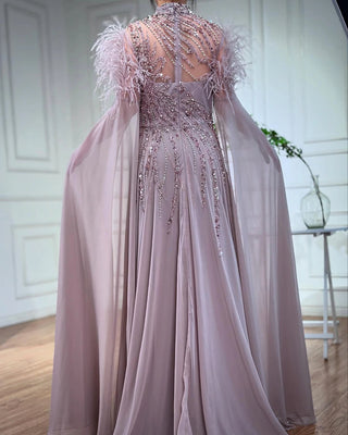 Ships in 2 to 5 Days - Feather-Trimmed High Neck Beaded A-Line Evening Gown with Sheer Cape Sleeves