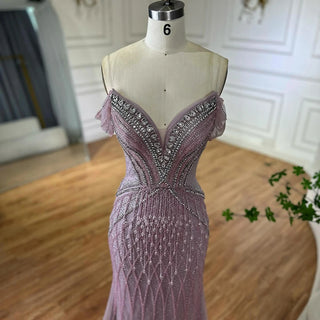 Ships in 2 to 5 Days -2025 Custom Saudi-Style Off-Shoulder Beaded Nude Tulle Mermaid Evening Dress – Formal Occasion Gown