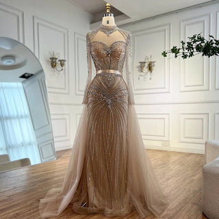 Ships in 2 to 5 Days - Luxury Nude Beaded Arabic-Style Evening Dress – Elegant Gown with Detachable Overskirt