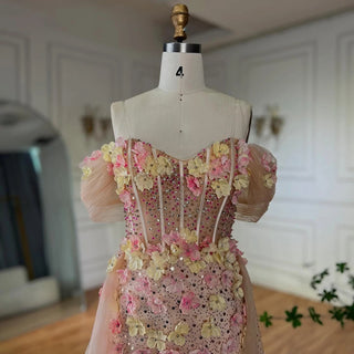 Ships in 2 to 5 Days - 2025 Customized Nude Floral Beaded Off-Shoulder Corset Evening Dress with Overskirt – For Formal Occasions