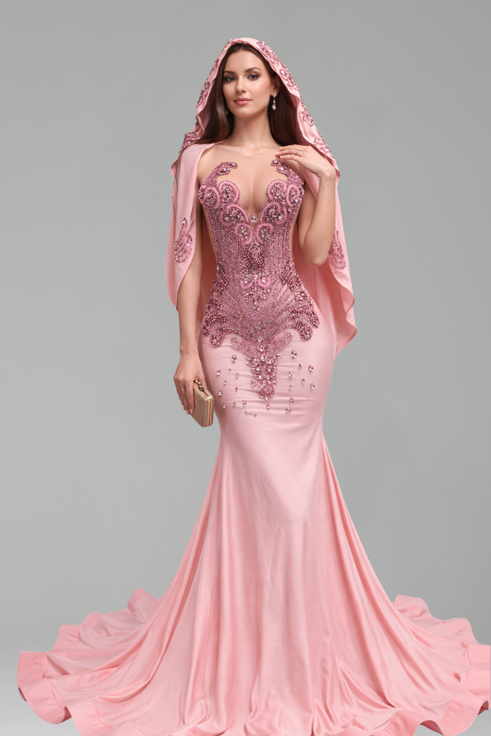 Beaded Deep Neckline Mermaid Dress - LAROSABRIDE