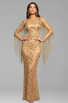 Long Sleeve Embellished Fringe Illusion Gown - LAROSABRIDE