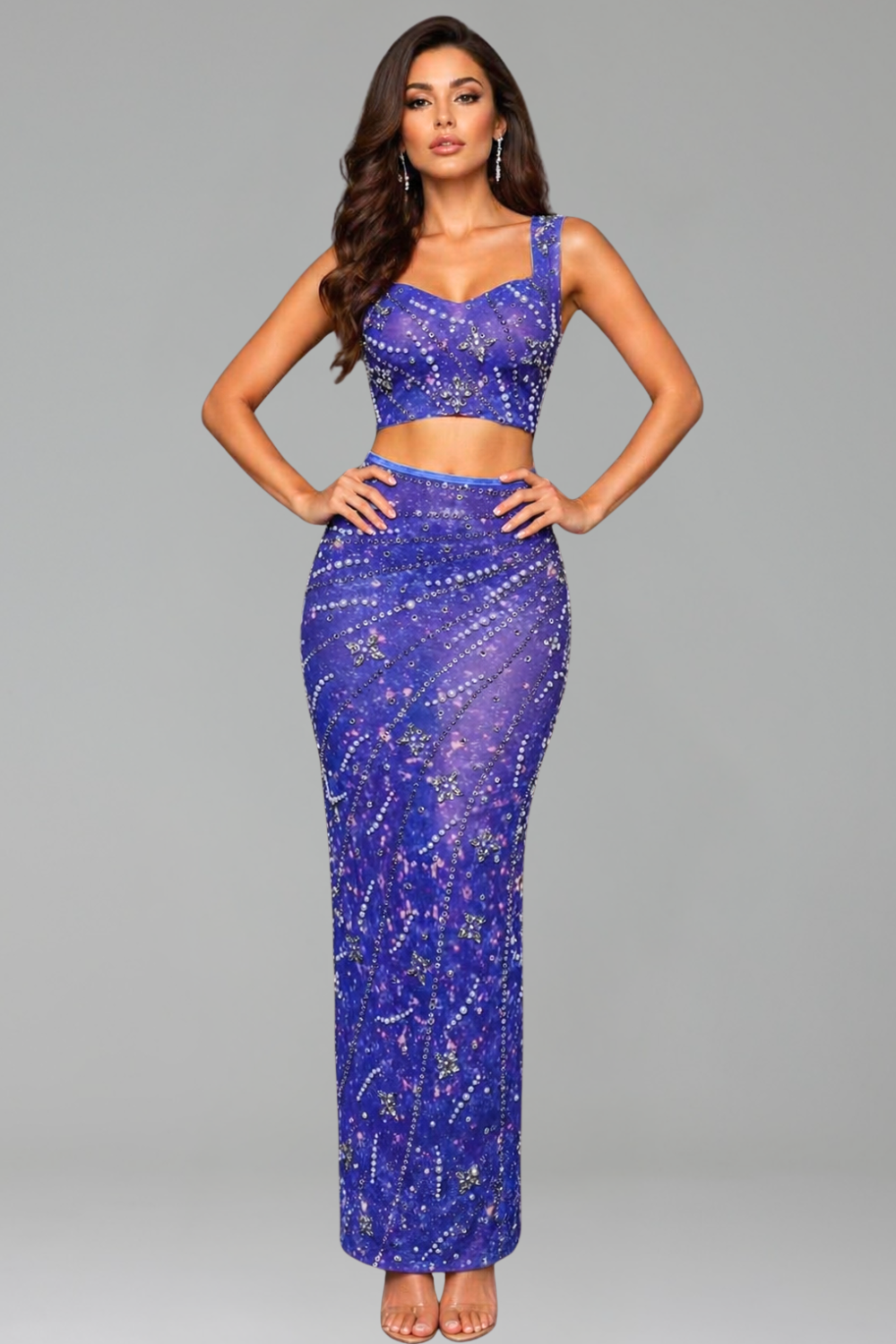 Crystal Embellished Crop Top and Midi Skirt Set - LAROSABRIDE