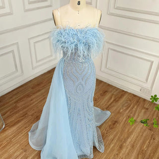 Ships in 2 to 5 Days - 2025 Arabic Blue Strapless Mermaid Evening Gown with Overskirt and Feather Beaded Dress for Women's Party