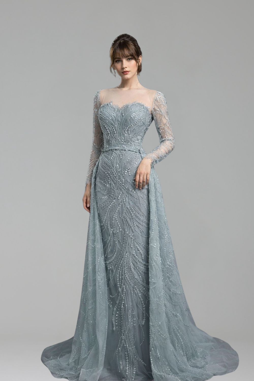 Sage Green Beaded Long Sleeve Gown with Overskirt - LAROSABRIDE