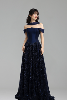 Navy A-Line Beaded Dress - LAROSABRIDE