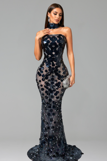 Sequin Disc Strapless Choker Gown - LAROSABRIDE