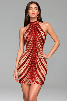 High-Neck Metallic Embellished Mini Dress - LAROSABRIDE
