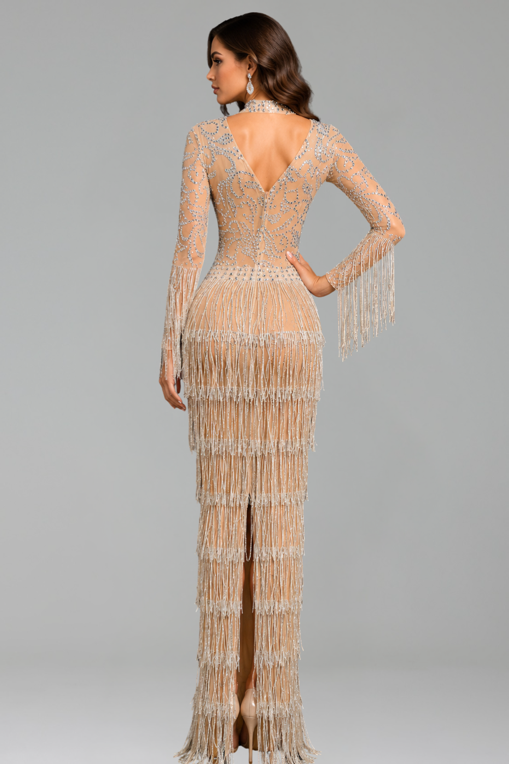 Crystal Fringe Illusion Evening Gown - LAROSABRIDE