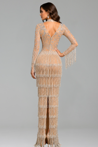 Crystal Fringe Illusion Evening Gown