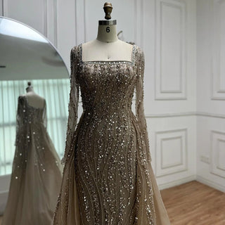 2025 Arabic Caramel Beaded Mermaid Evening Gown with Overskirt – Luxury Formal Dress for Women