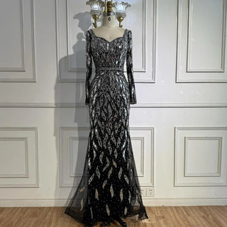 Luxury Black & Silver Sequin‑Embellished Mermaid Evening Gown – Long‑Sleeve 2025 Edition