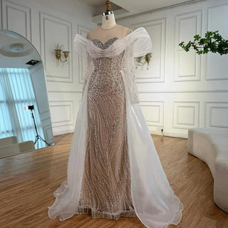 Ships in 2 to 5 Days - Luxury White Nude Beaded Mermaid Evening Dress – Saudi-Inspired Formal Gown with Overskirt