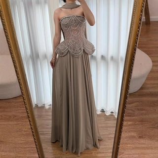 Ships in 2 to 5 Days -Luxury Designer Nude Beaded Chiffon Evening Gown for Women – Elegant Dress for Weddings & Formal Parties