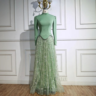 Ships in 2 to 5 Days -Elegant Sage Green Muslim Evening Dress – Modest Gown with Beaded Skirt for Wedding Parties