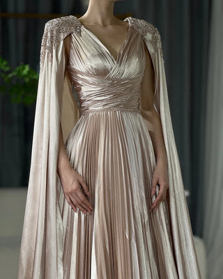 Ships in 2 to 5 Days - 2025 Nude Beaded Satin A-Line Evening Gown with Cape Sleeves - Saudi Arabic Formal Dress